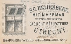 710813 Visitekaartje van S.C. Heijenberg, Timmerman, Vervaardiger van Daglicht Réflecteurs, Bemuurde Weerd Steenen Brug ...